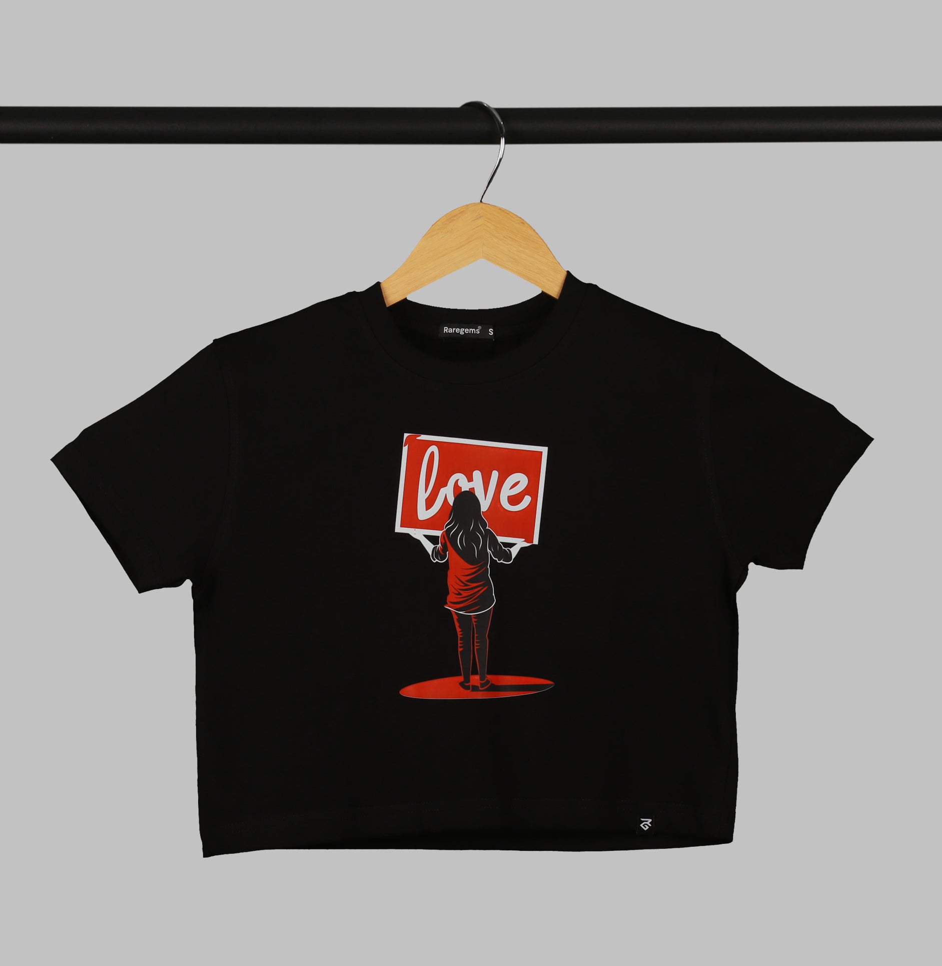 Black Half Sleeve Girl With Love Board Printed Women's Regular Crop Top