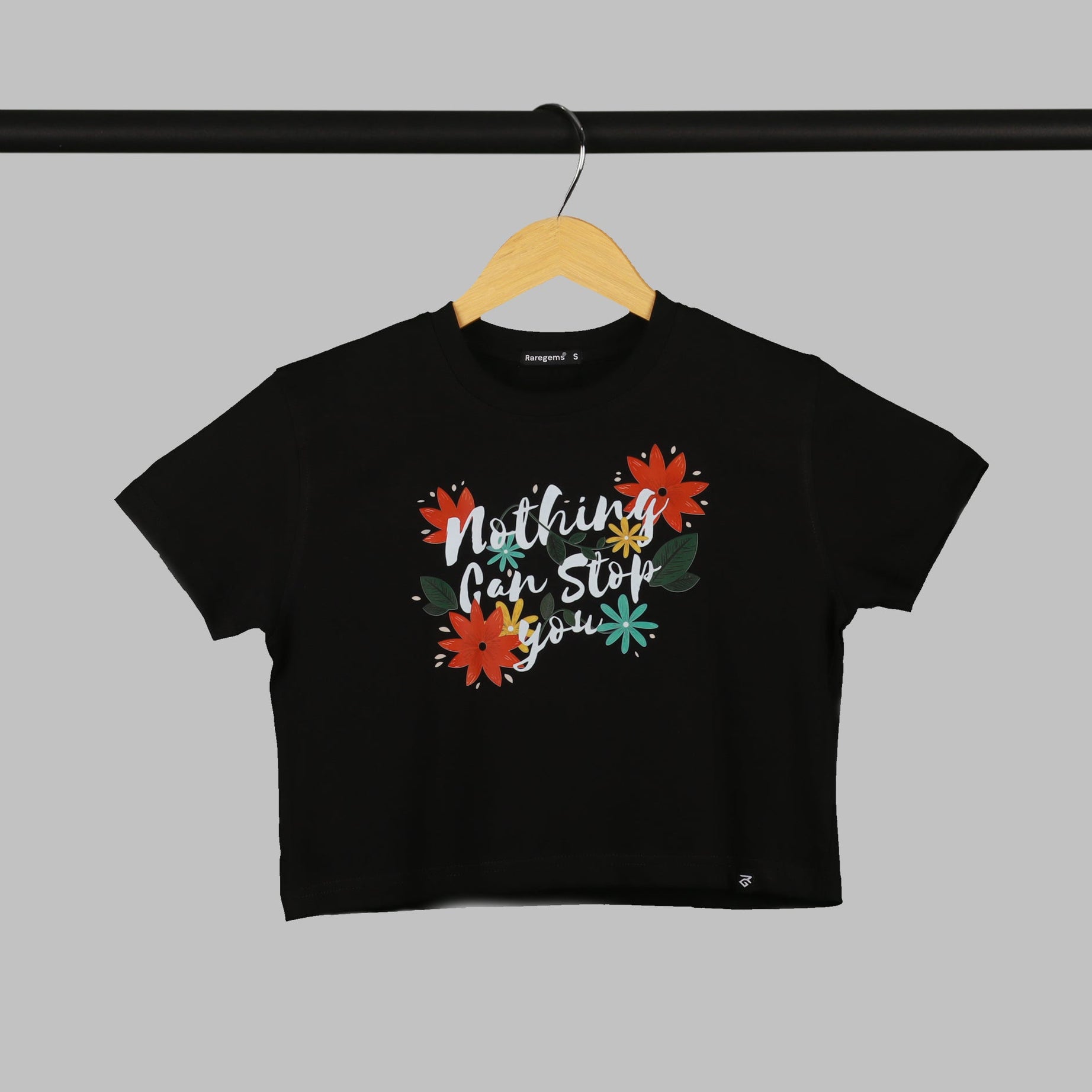 Black Half Sleeve Floral Quote Printed Women's Regular Crop Top