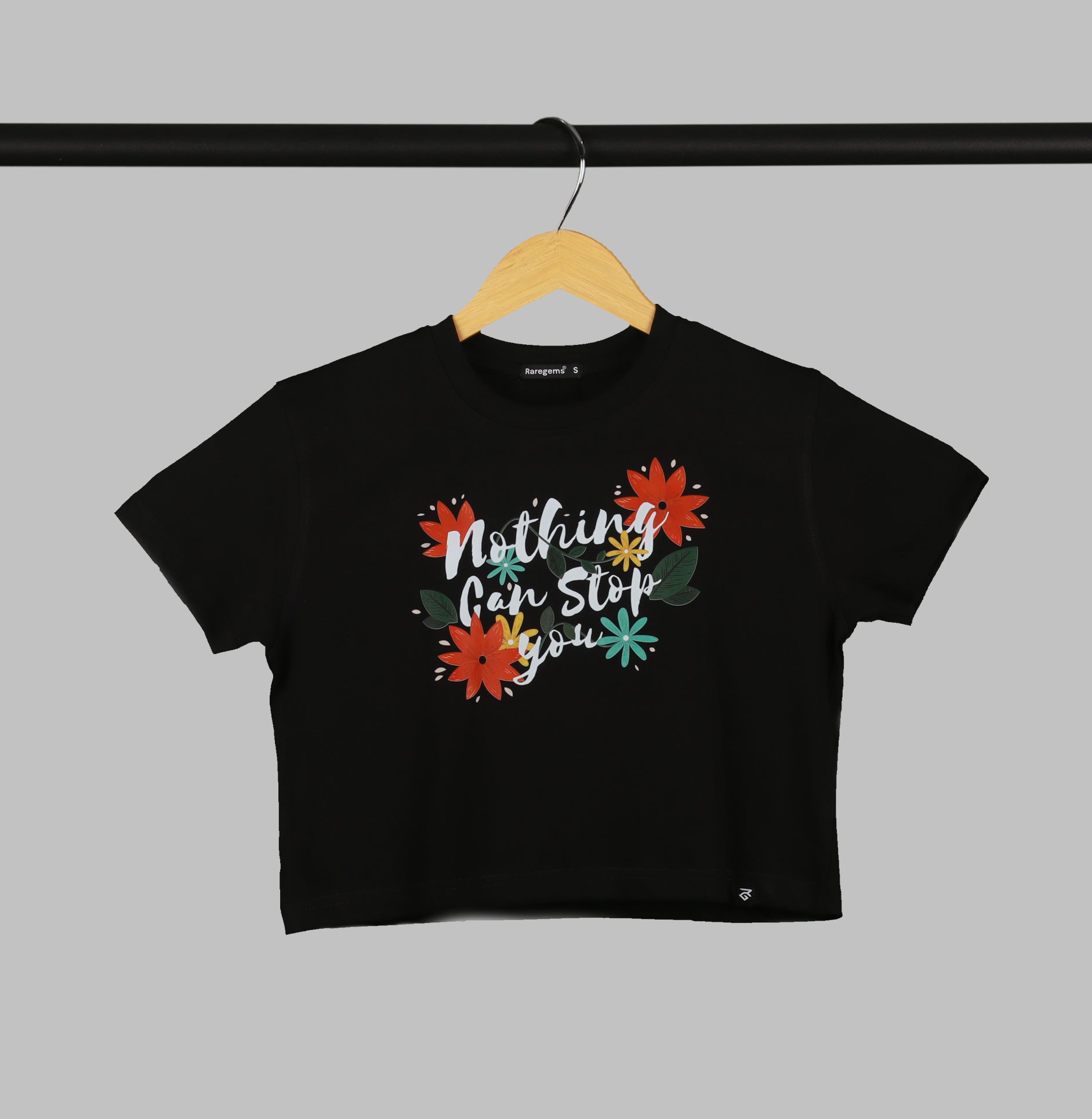 Black Half Sleeve Floral Quote Printed Women's Regular Crop Top