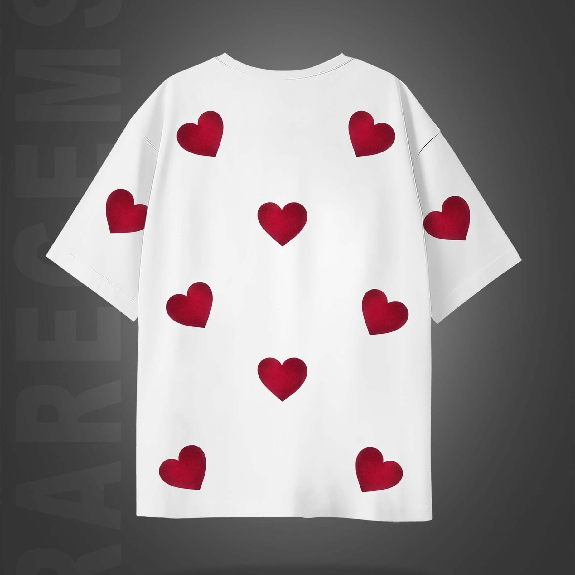 Off White Half Sleeves Red Hearts Printed Oversized T-Shirt