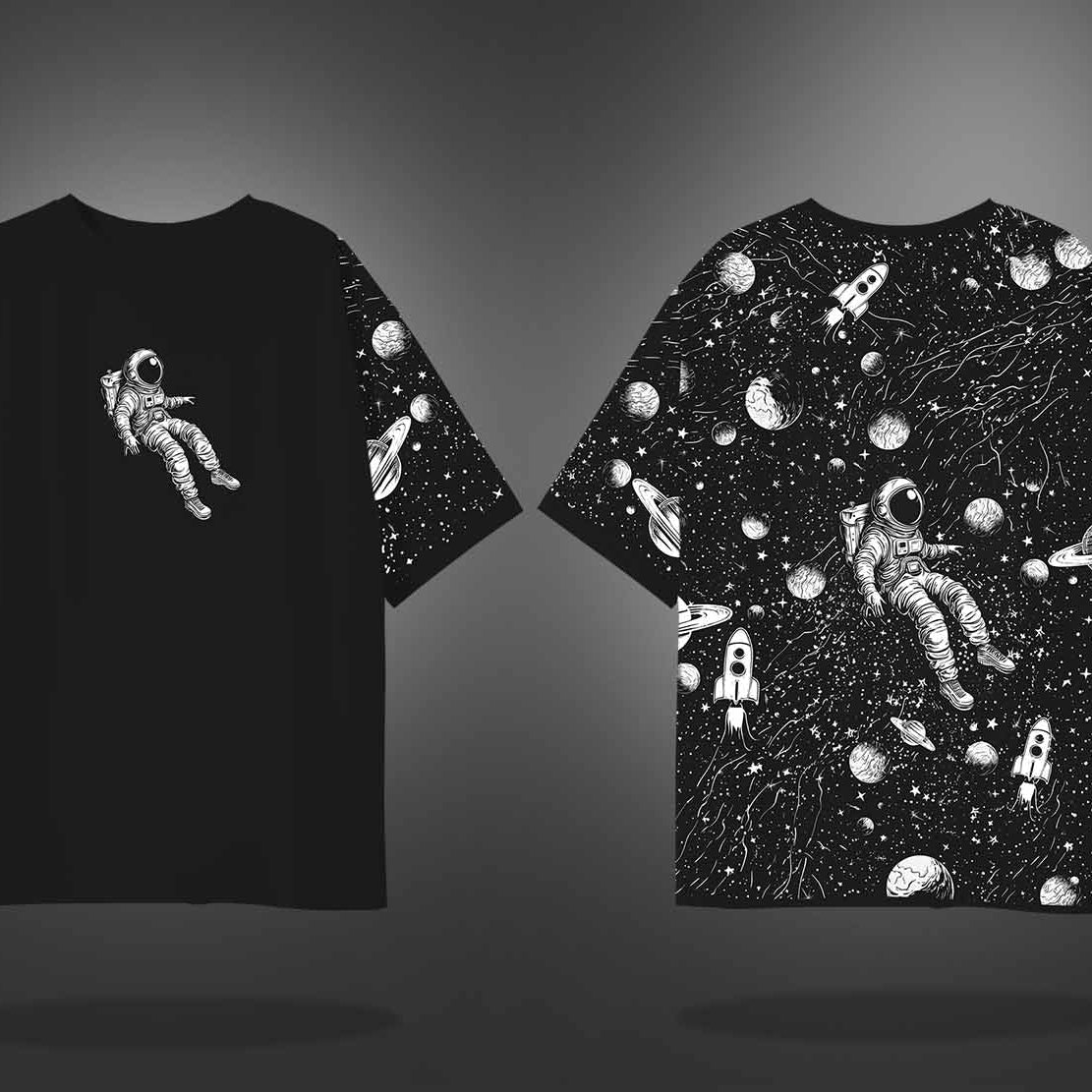 Black Half Sleeves Astronaut's Adventure Printed Oversized T-Shirt