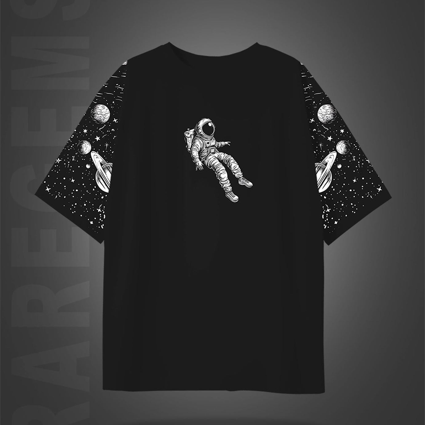 Black Half Sleeves Astronaut's Adventure Printed Oversized T-Shirt