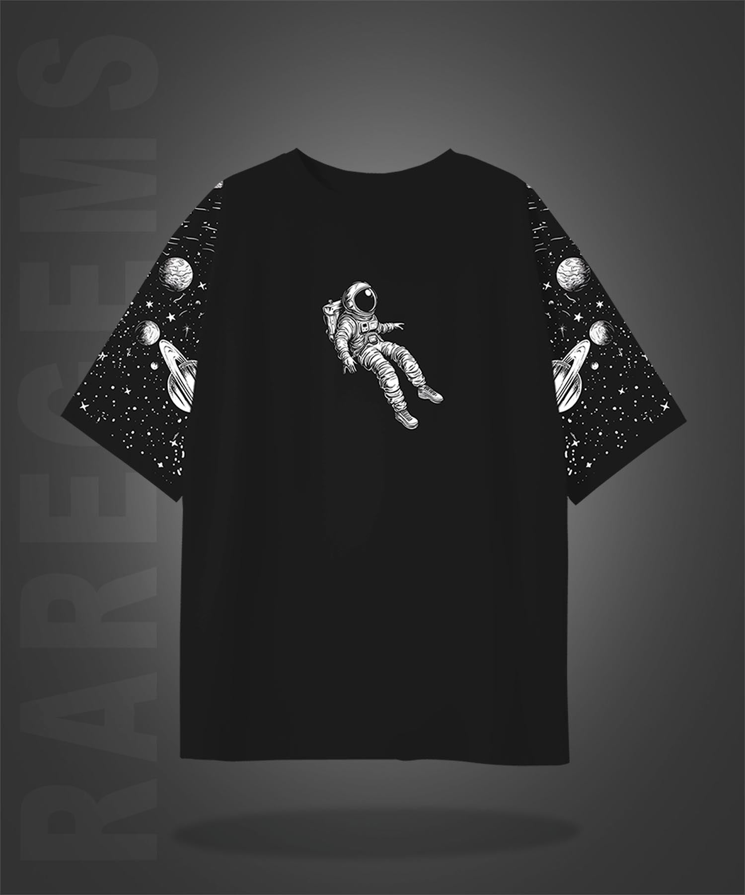Black Half Sleeves Astronaut's Adventure Printed Oversized T-Shirt