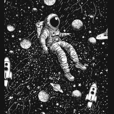 Black Half Sleeves Astronaut's Adventure Printed Oversized T-Shirt