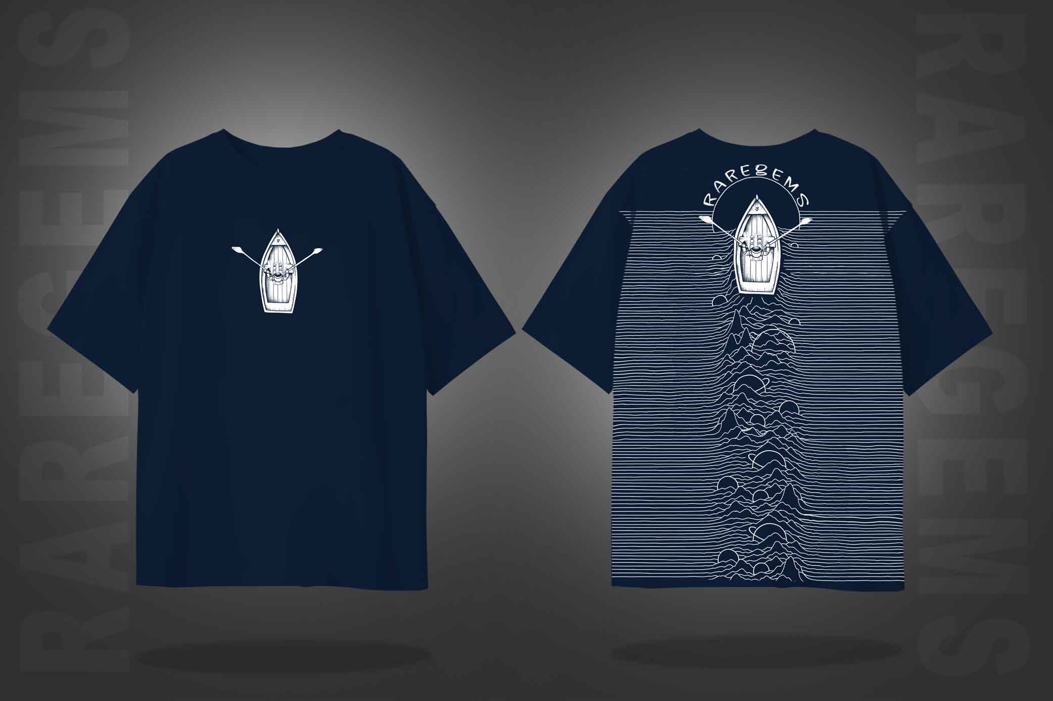 Navy Blue Half Sleeves Round Neck Boat On Silent Seas Printed Oversized T-Shirt