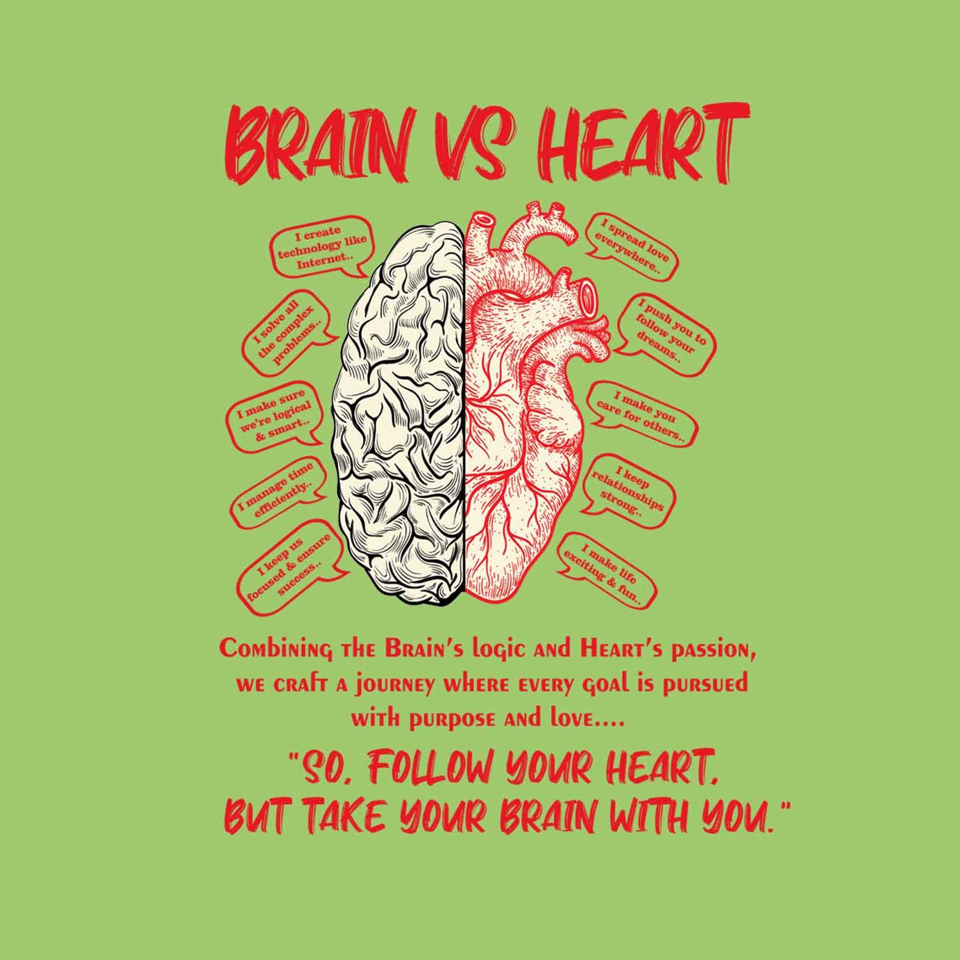 Lime Green Half Sleeves Brain Vs Heart Printed Oversized T-Shirt