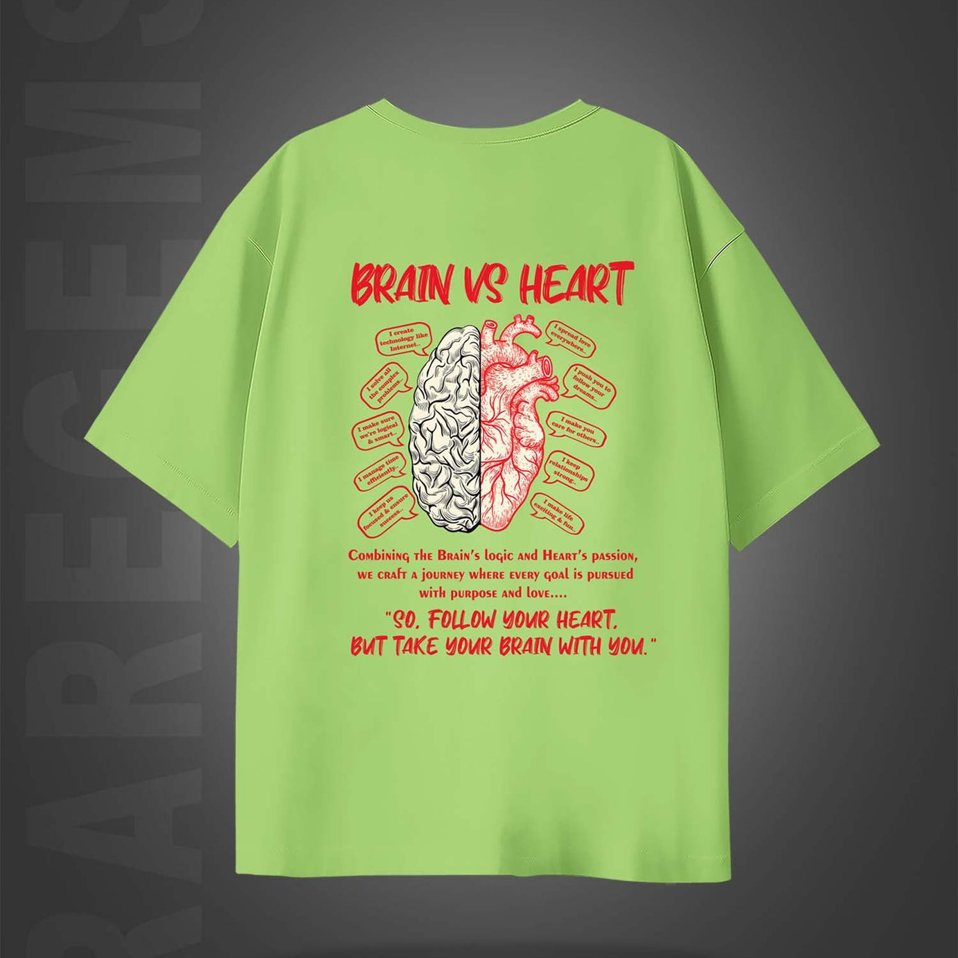 Lime Green Half Sleeves Brain Vs Heart Printed Oversized T-Shirt