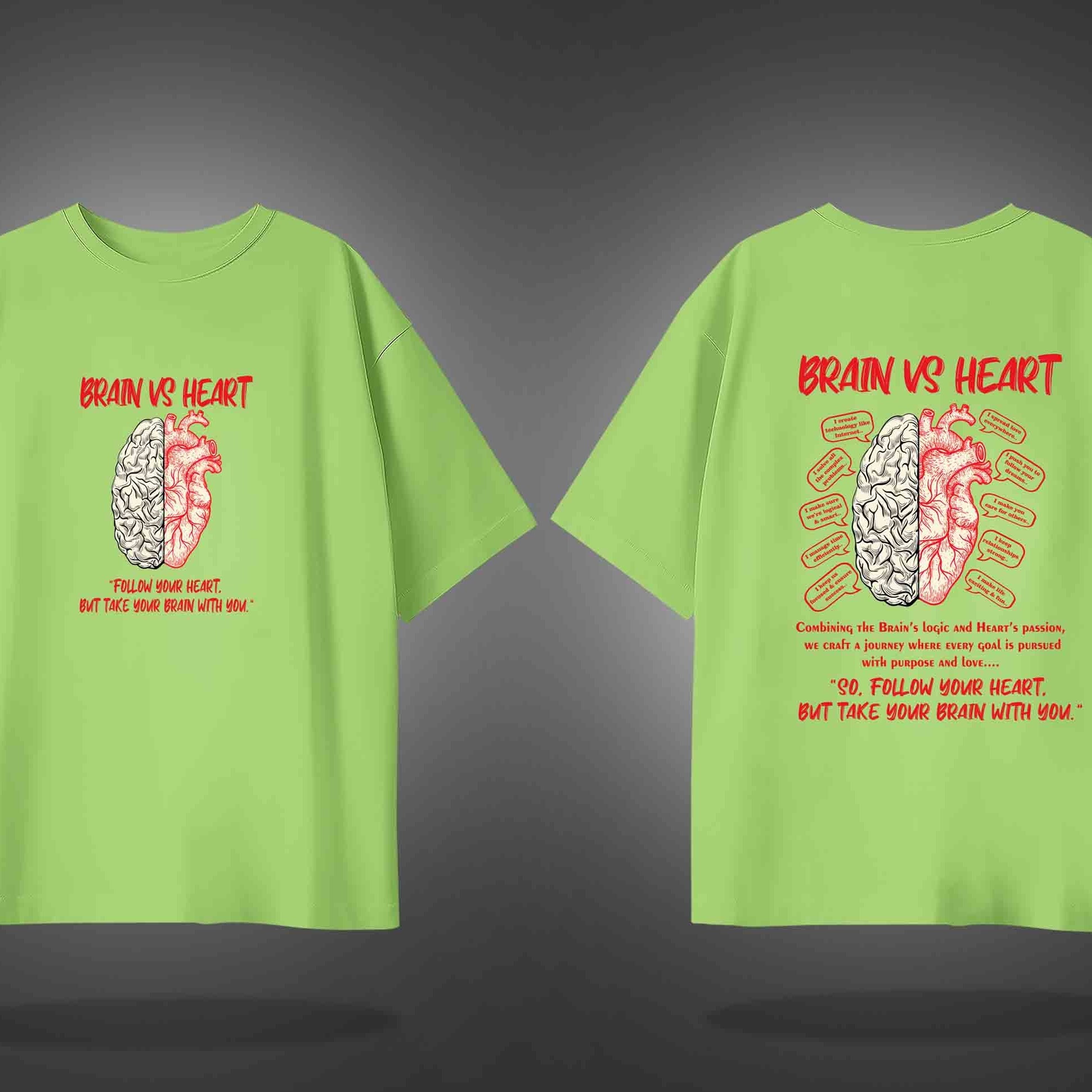 Lime Green Half Sleeves Brain Vs Heart Printed Oversized T-Shirt