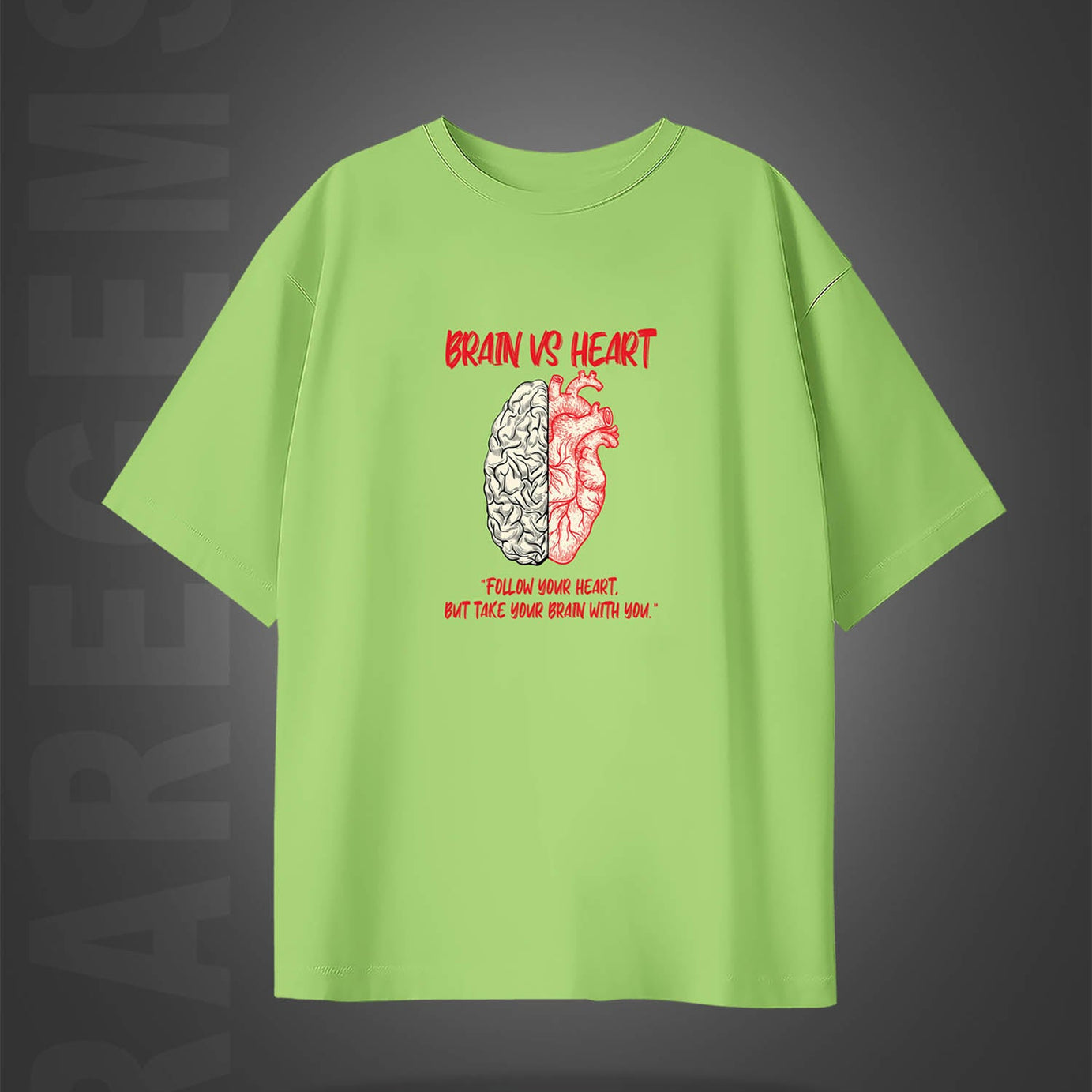 Lime Green Half Sleeves Brain Vs Heart Printed Oversized T-Shirt
