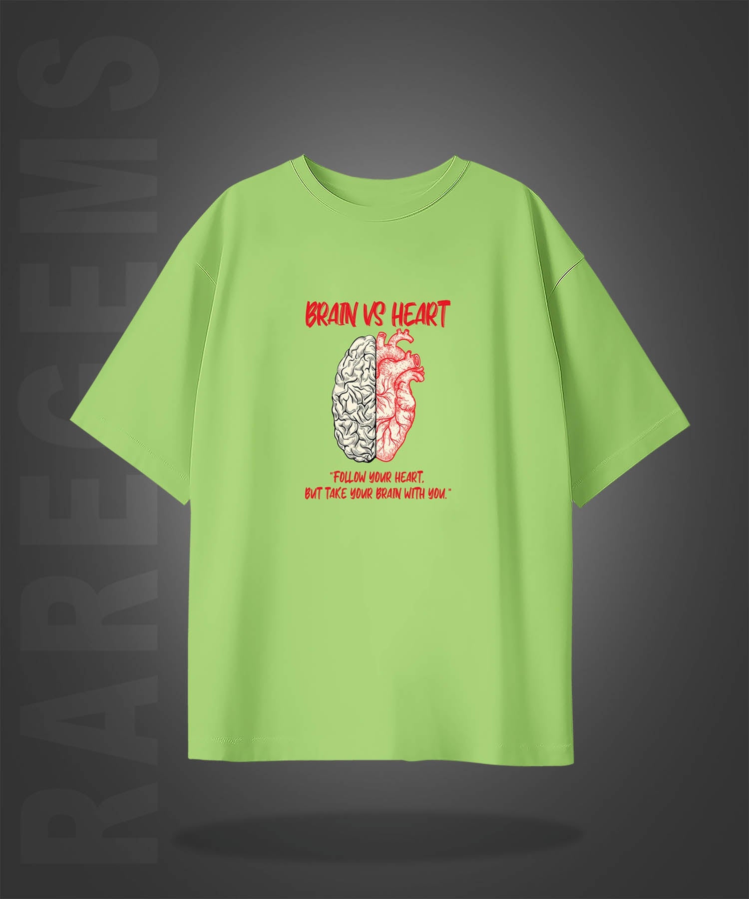 Lime Green Half Sleeves Brain Vs Heart Printed Oversized T-Shirt