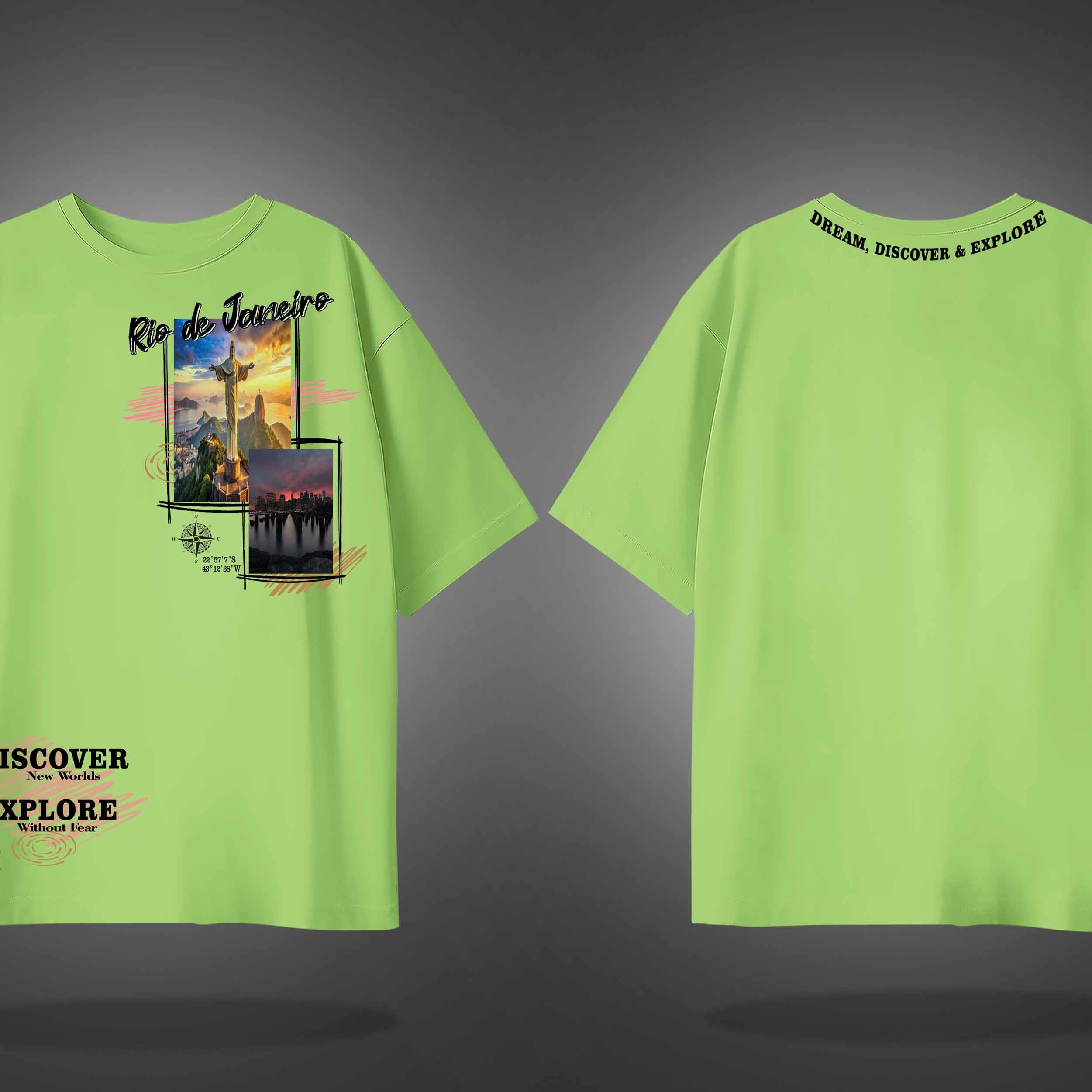 Lime Green Half Sleeves Dream Discover Explore Rio De Janeiro Printed Oversized T-Shirt
