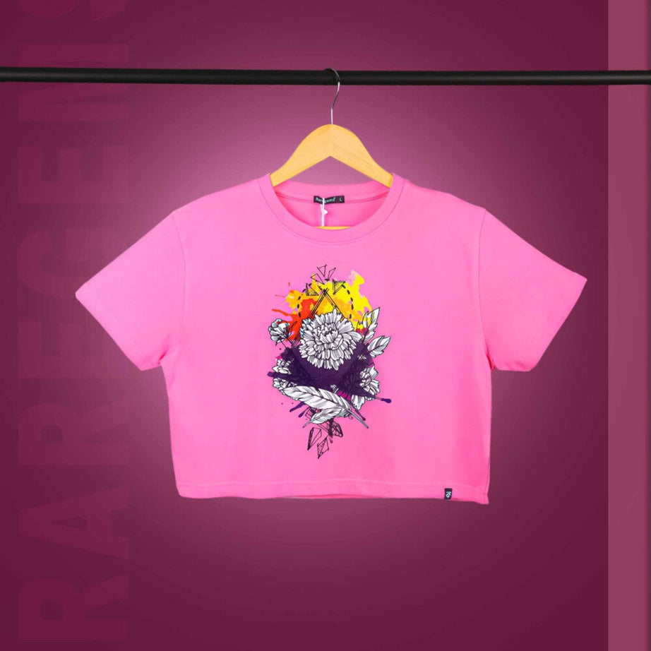 Pink Round Neck Half Sleeves Floral Print Crop Top