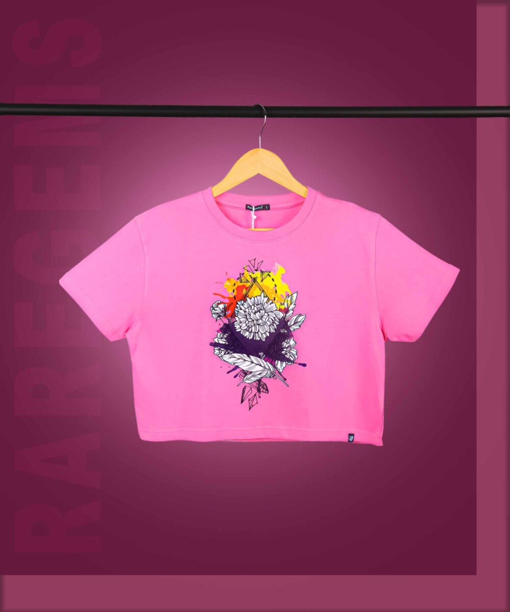 Pink Round Neck Half Sleeves Floral Print Crop Top