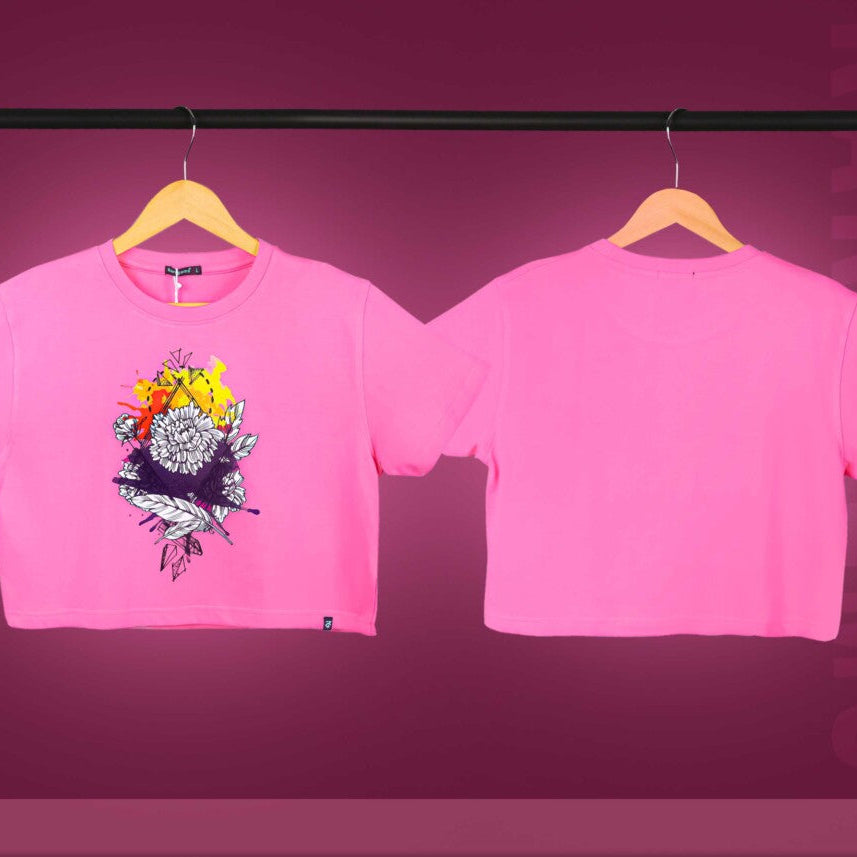 Pink Round Neck Half Sleeves Floral Print Crop Top