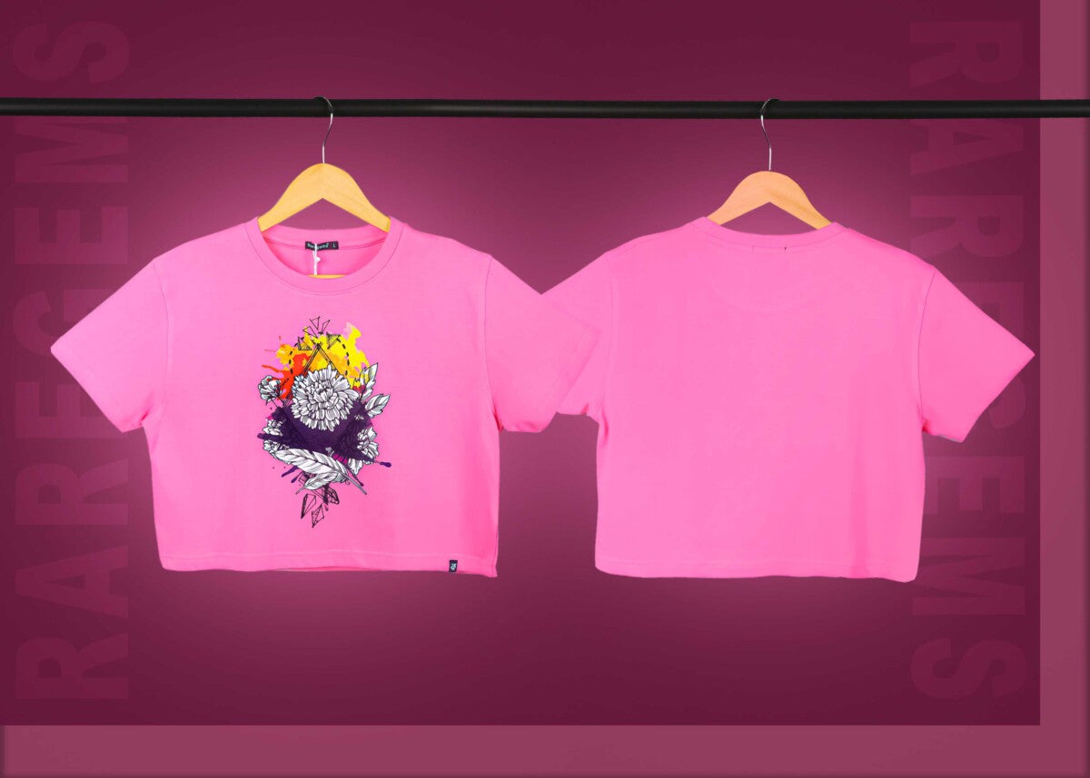 Pink Round Neck Half Sleeves Floral Print Crop Top