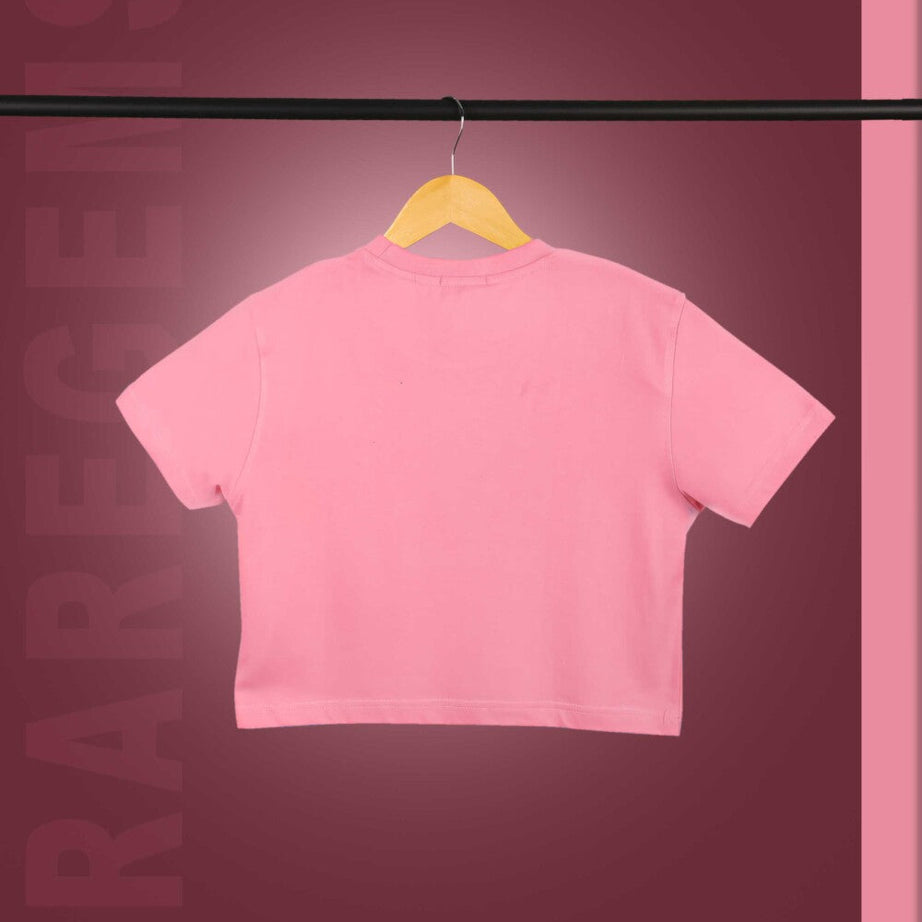 Peach Round Neck Half Sleeves Colorful Candies Print Crop Top