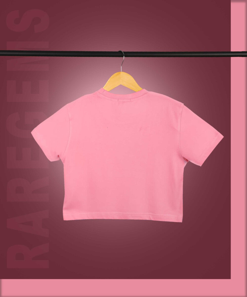 Peach Round Neck Half Sleeves Colorful Candies Print Crop Top
