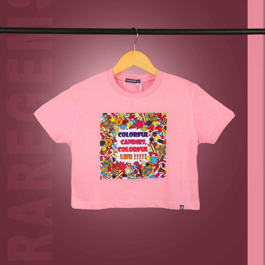 Peach Round Neck Half Sleeves Colorful Candies Print Crop Top