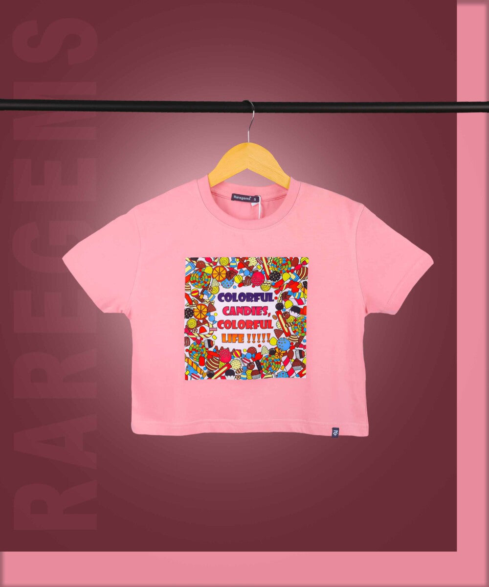 Peach Round Neck Half Sleeves Colorful Candies Print Crop Top