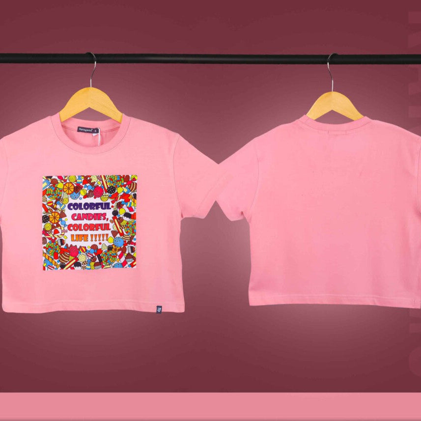 Peach Round Neck Half Sleeves Colorful Candies Print Crop Top