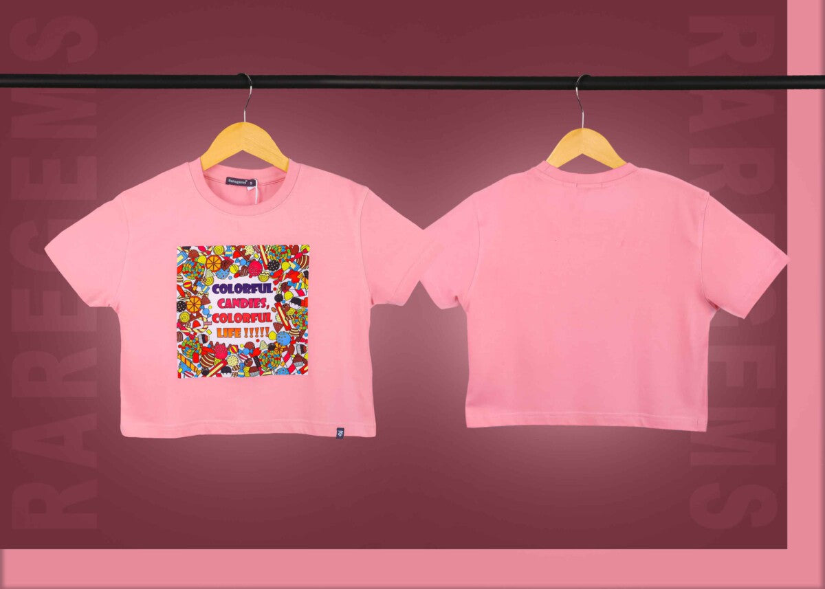 Peach Round Neck Half Sleeves Colorful Candies Print Crop Top