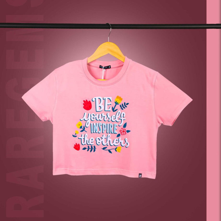 Peach Half Sleeve Be Yourself Printed Women's Regular Crop Top