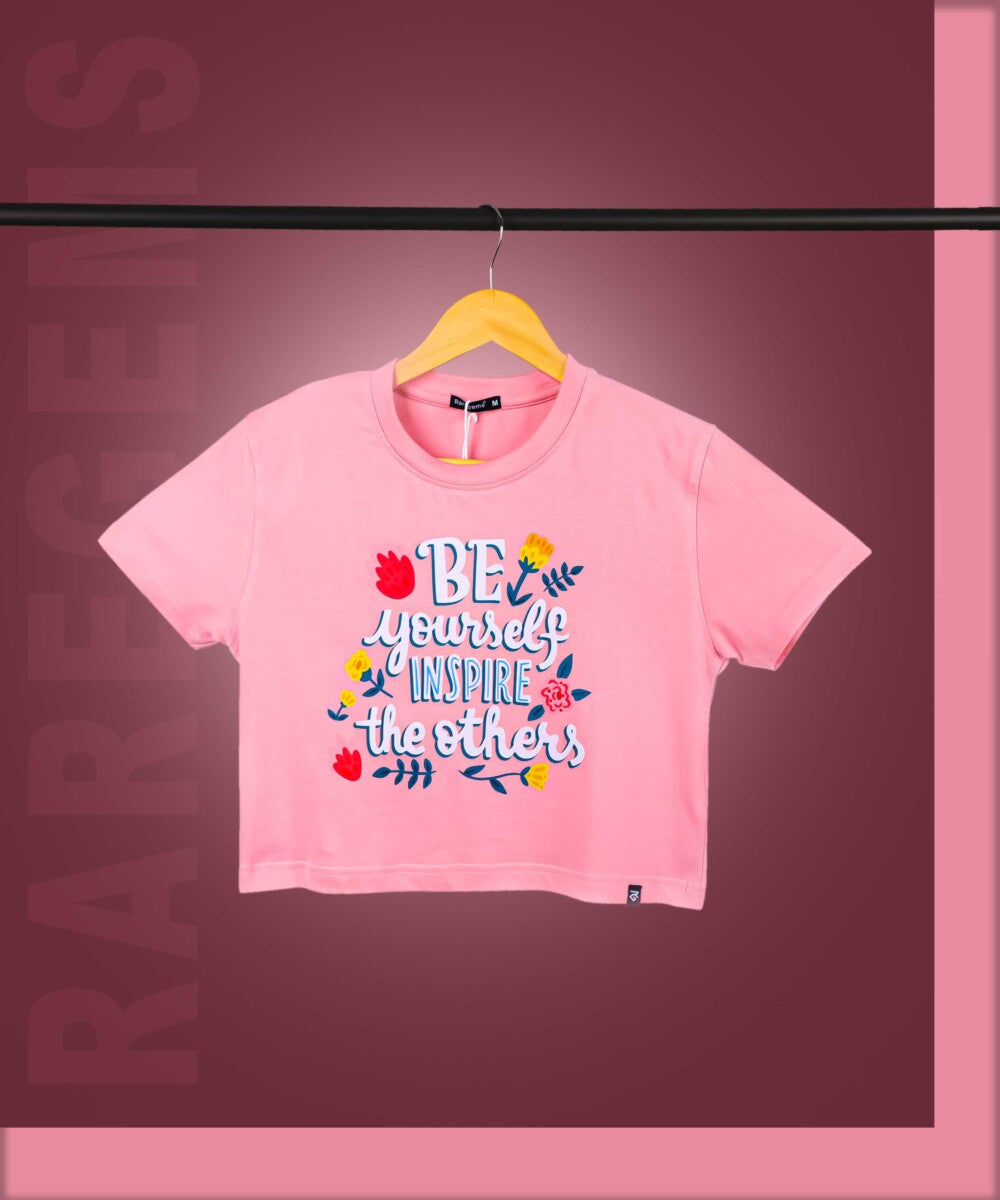 Peach Half Sleeve Be Yourself Printed Women's Regular Crop Top