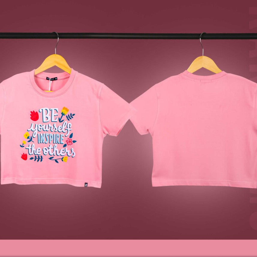 Peach Half Sleeve Be Yourself Printed Women's Regular Crop Top