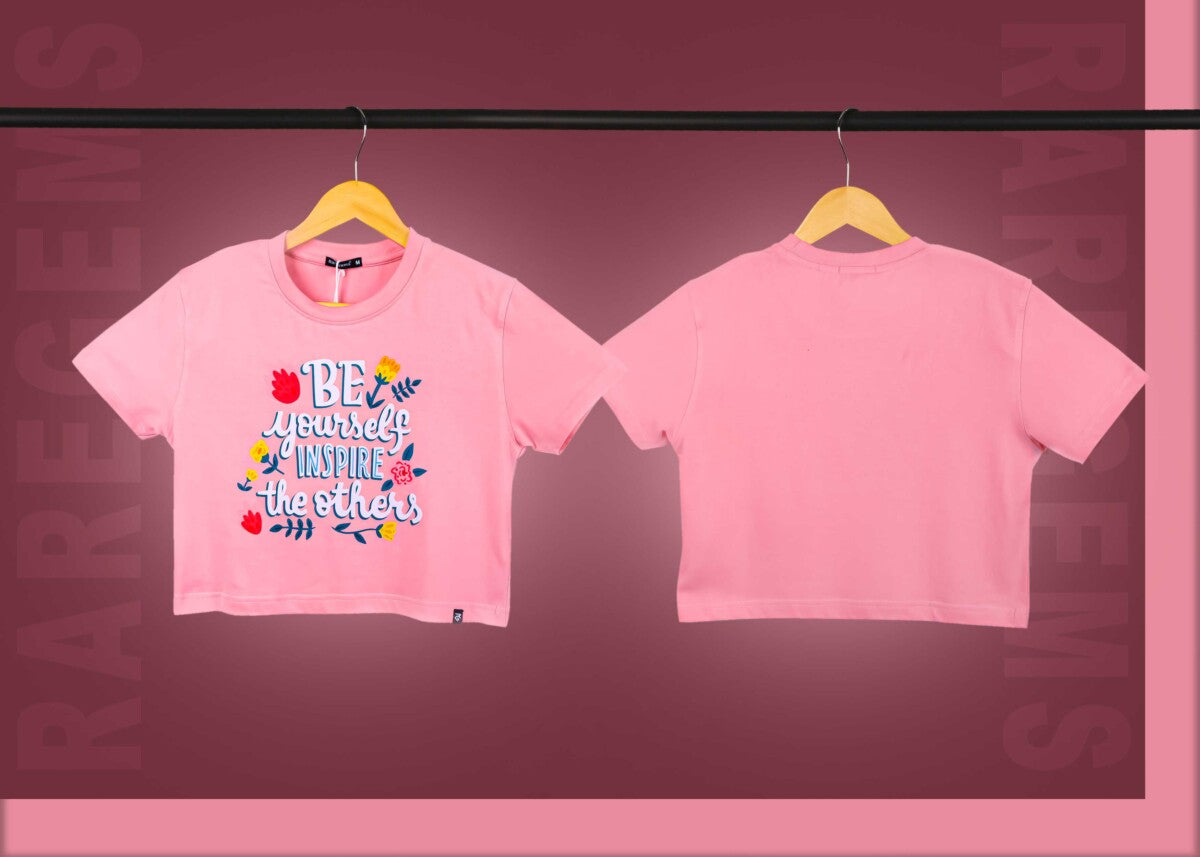 Peach Half Sleeve Be Yourself Printed Women's Regular Crop Top