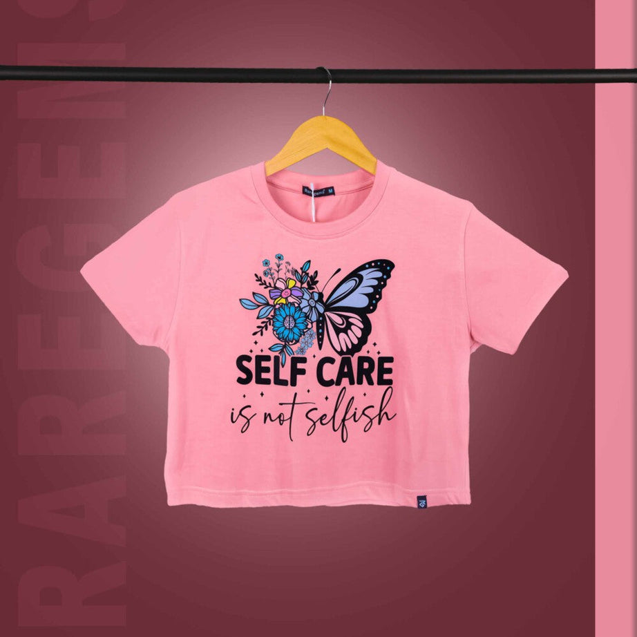 Peach Round Neck Half Sleeves Floral Butterfly With Selfcare Printed Crop Top