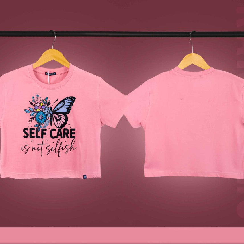Peach Round Neck Half Sleeves Floral Butterfly With Selfcare Printed Crop Top