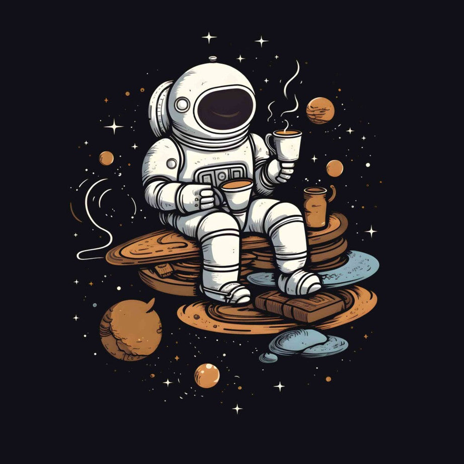 Black Round Neck Half Sleeves Astronaut Sipping Tea Printed Crop Top