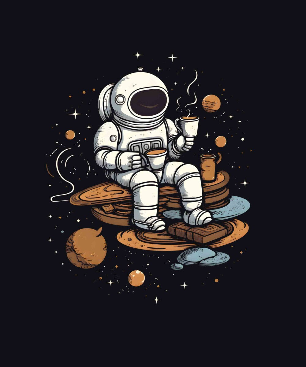 Black Round Neck Half Sleeves Astronaut Sipping Tea Printed Crop Top