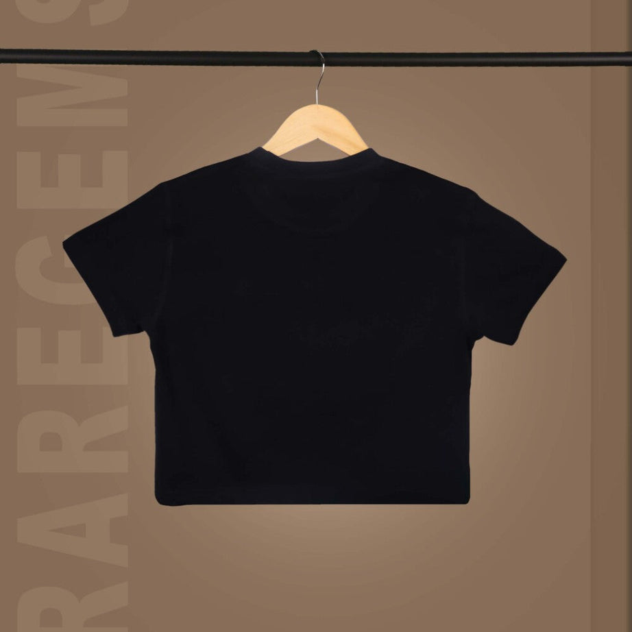 Black Round Neck Half Sleeves Astronaut Sipping Tea Printed Crop Top