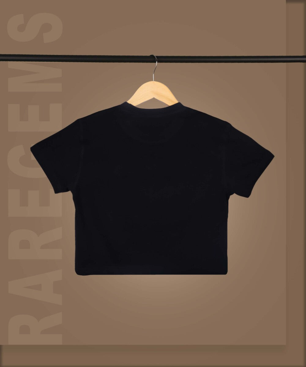 Black Round Neck Half Sleeves Astronaut Sipping Tea Printed Crop Top