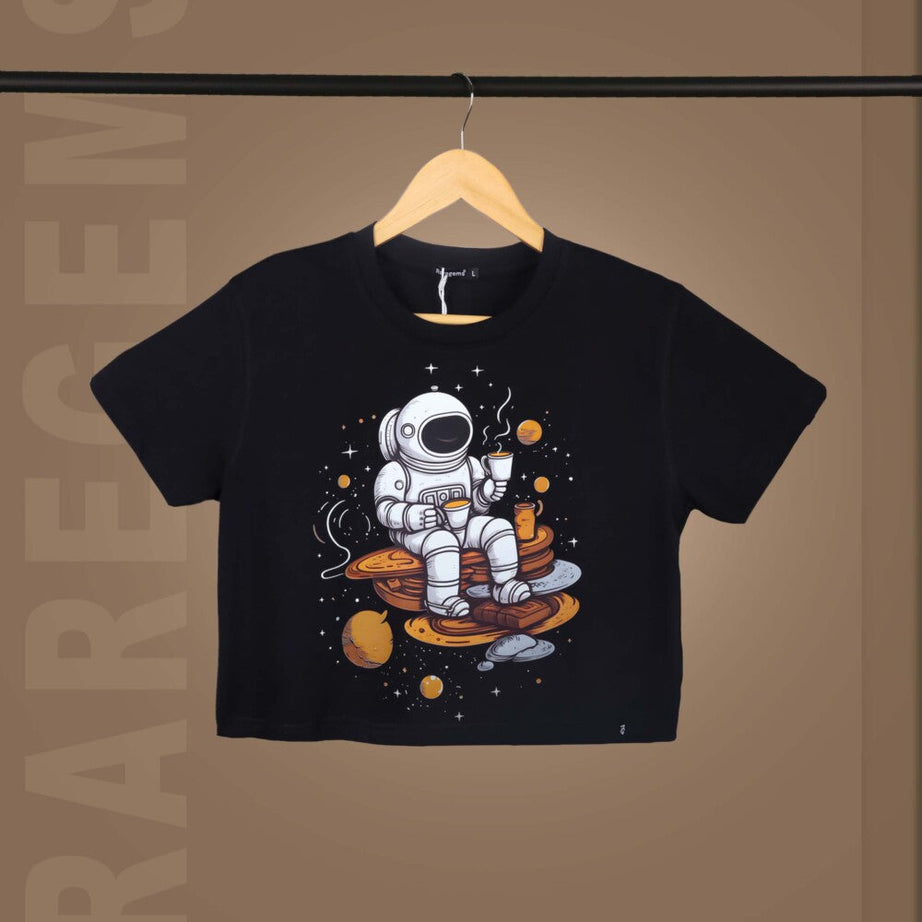Black Round Neck Half Sleeves Astronaut Sipping Tea Printed Crop Top