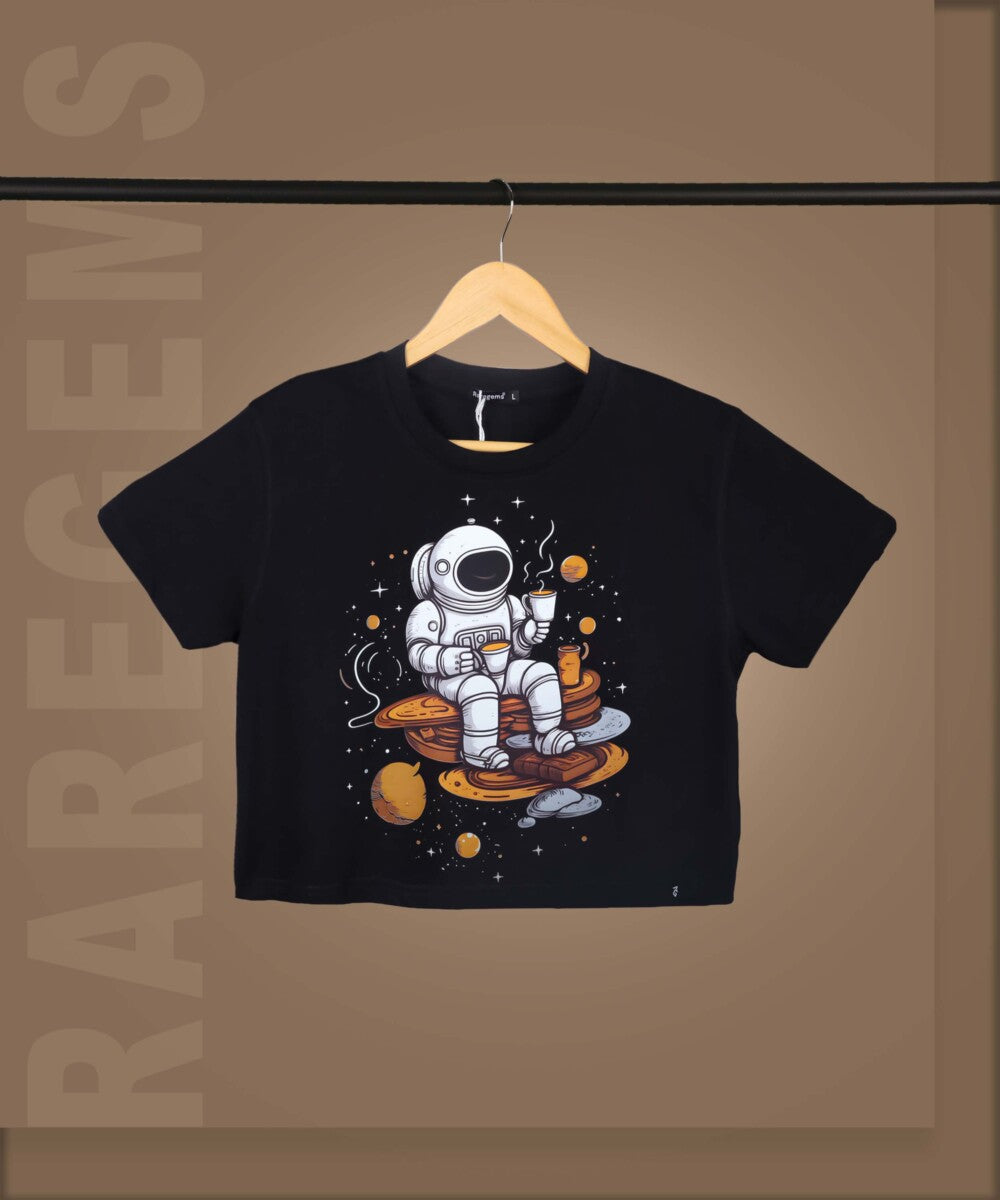 Black Round Neck Half Sleeves Astronaut Sipping Tea Printed Crop Top