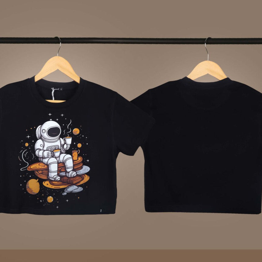 Black Round Neck Half Sleeves Astronaut Sipping Tea Printed Crop Top