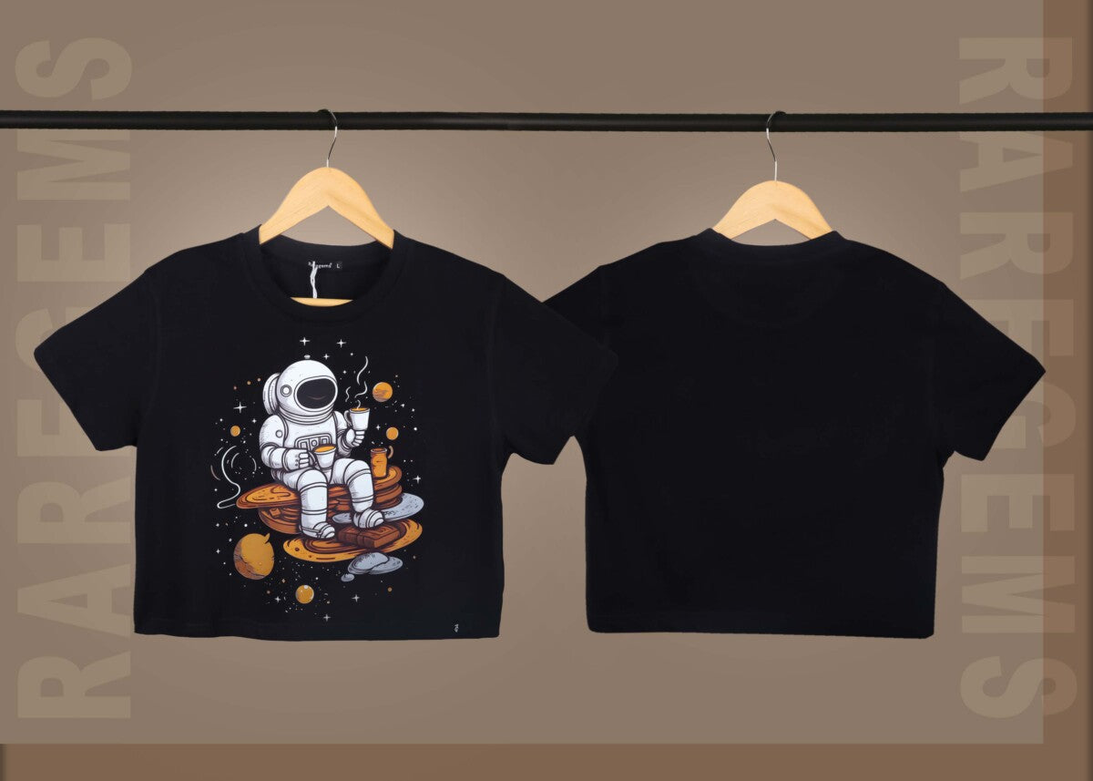 Black Round Neck Half Sleeves Astronaut Sipping Tea Printed Crop Top
