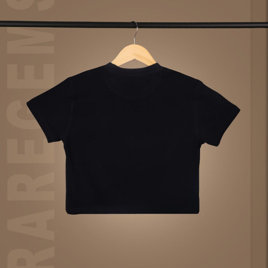 Black Round Neck Half Sleeves Cool Teddy Printed Crop Top