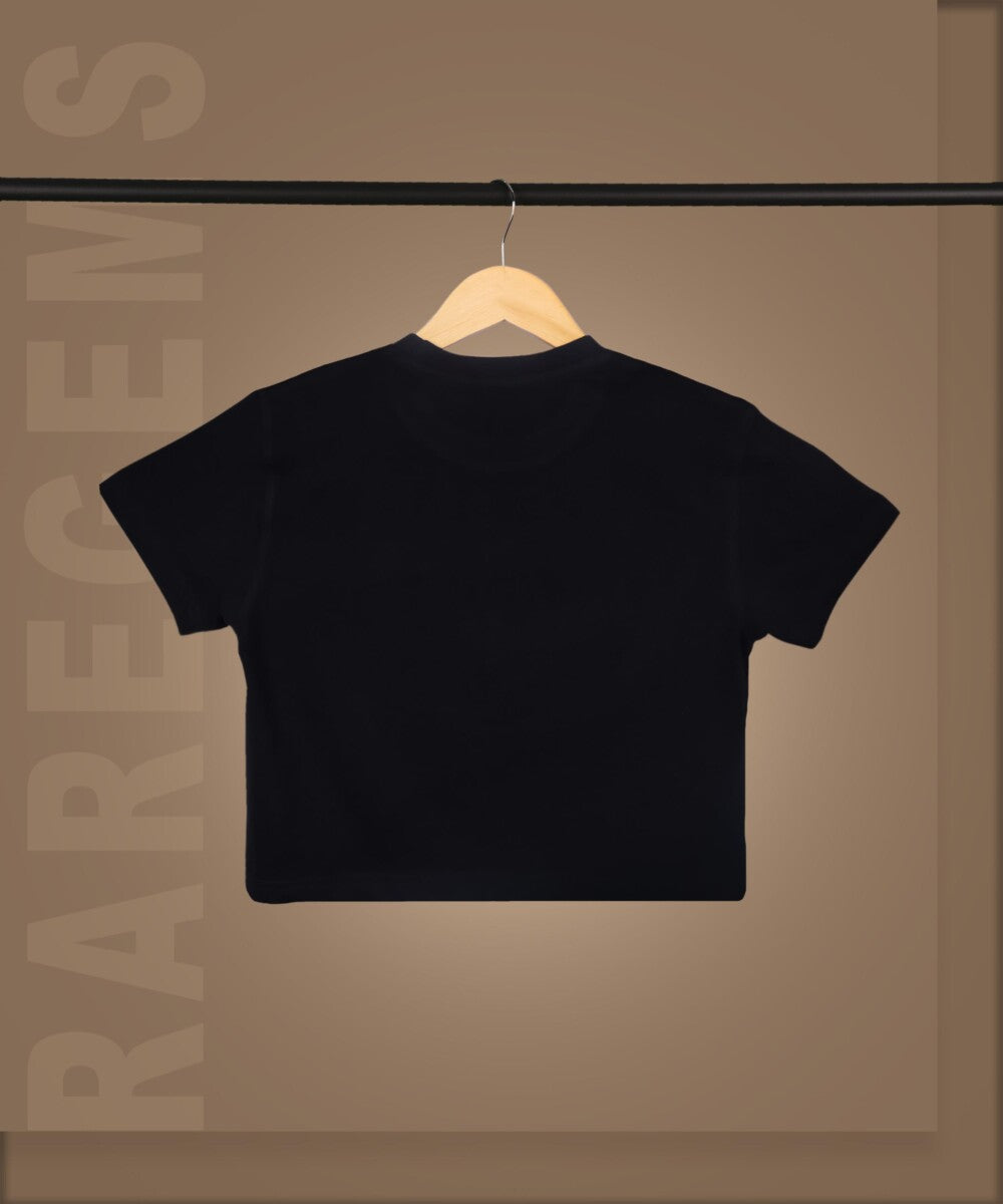 Black Round Neck Half Sleeves Cool Teddy Printed Crop Top