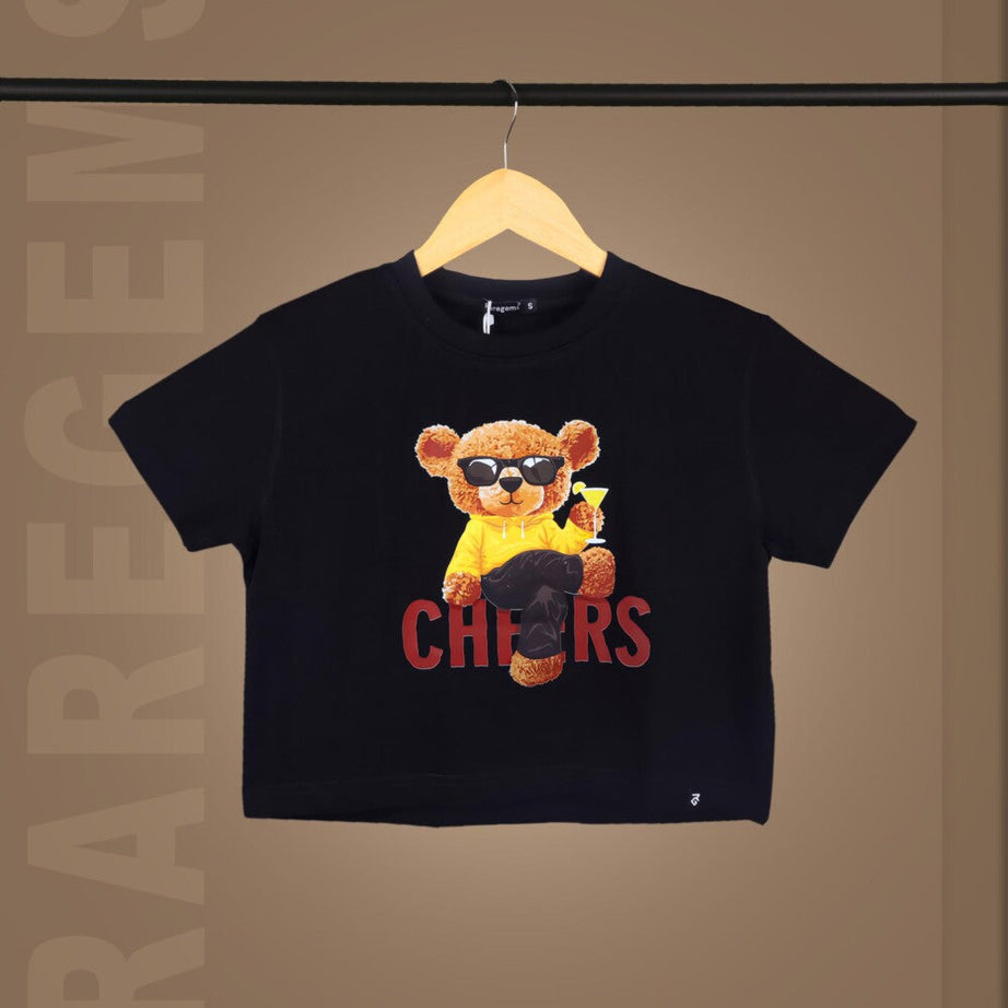 Black Round Neck Half Sleeves Cool Teddy Printed Crop Top