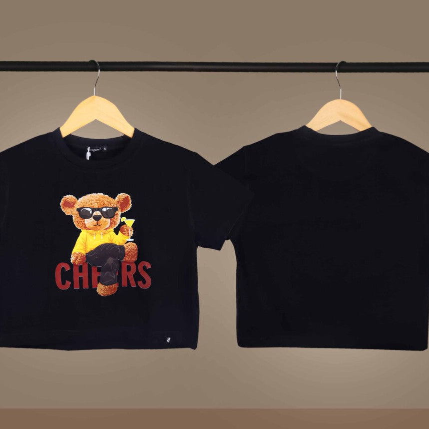 Black Round Neck Half Sleeves Cool Teddy Printed Crop Top