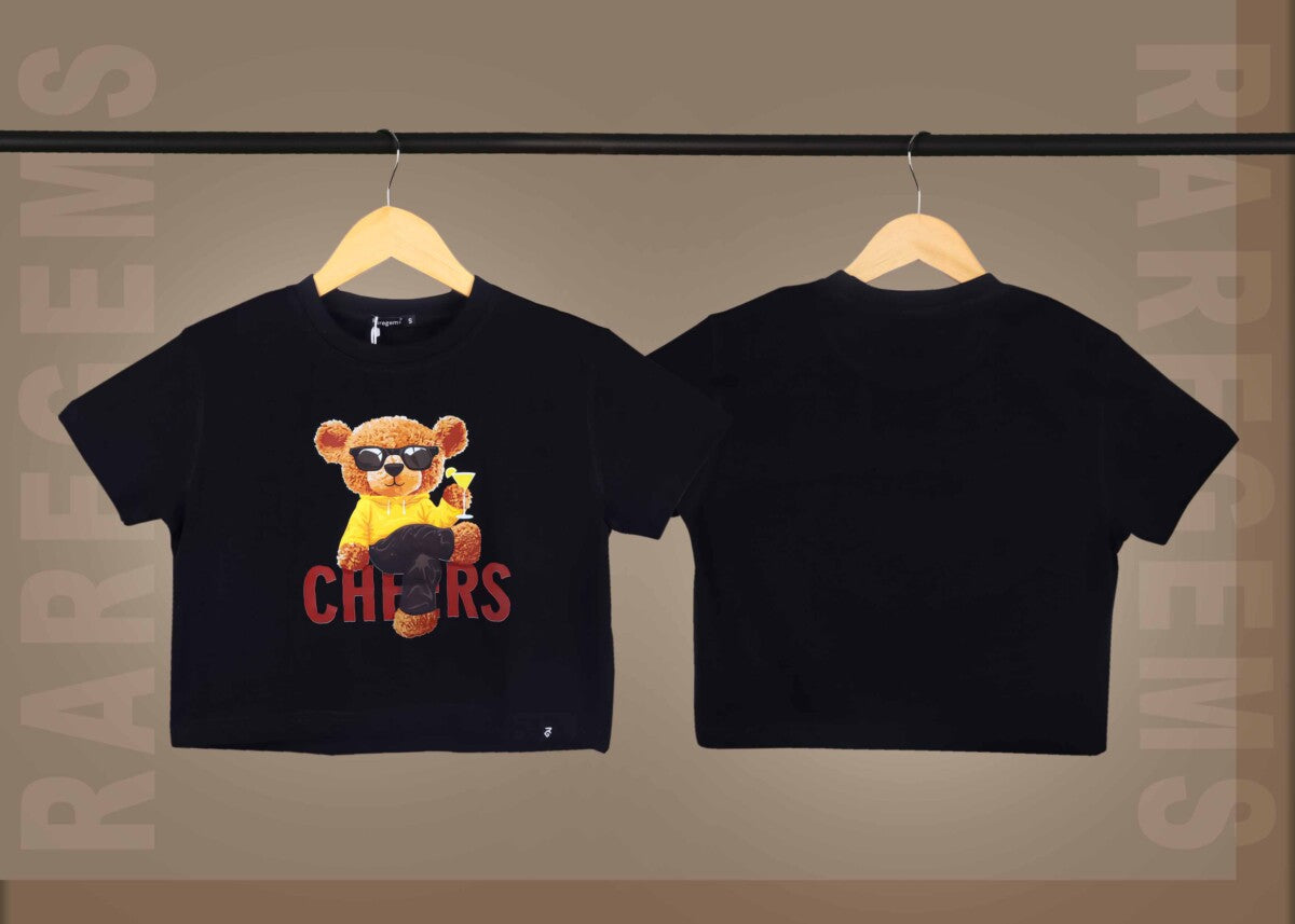 Black Round Neck Half Sleeves Cool Teddy Printed Crop Top