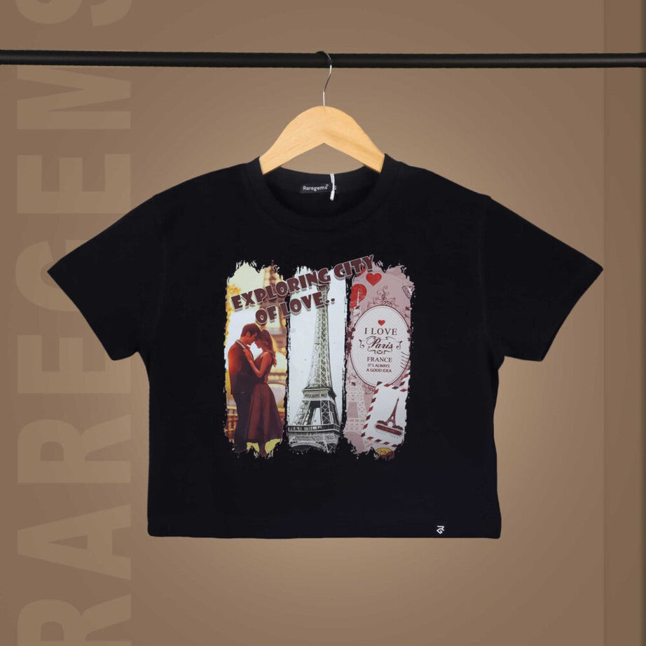 Black Round Neck Half Sleeve City Of Love Paris Printed Crop Top