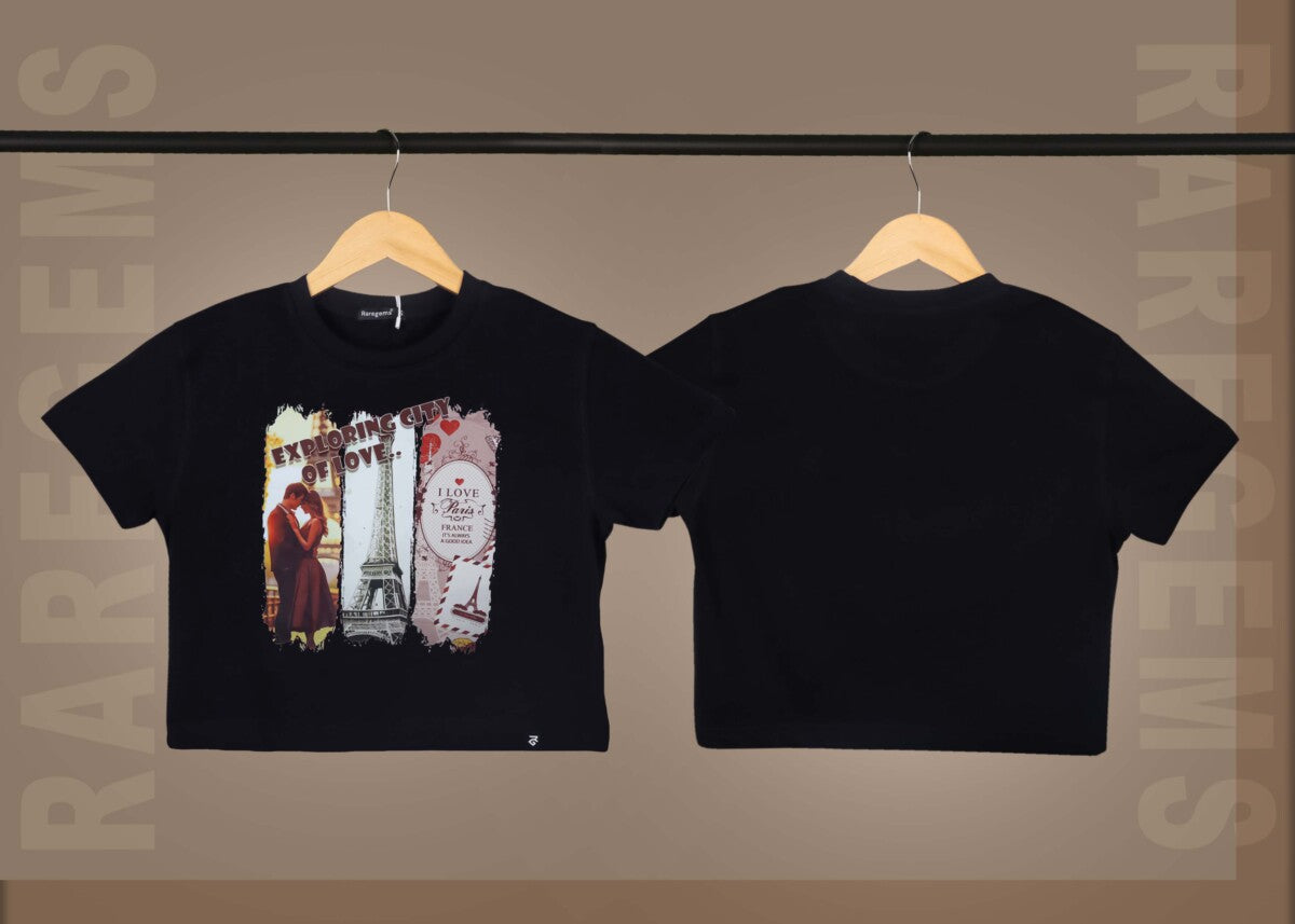 Black Round Neck Half Sleeve City Of Love Paris Printed Crop Top