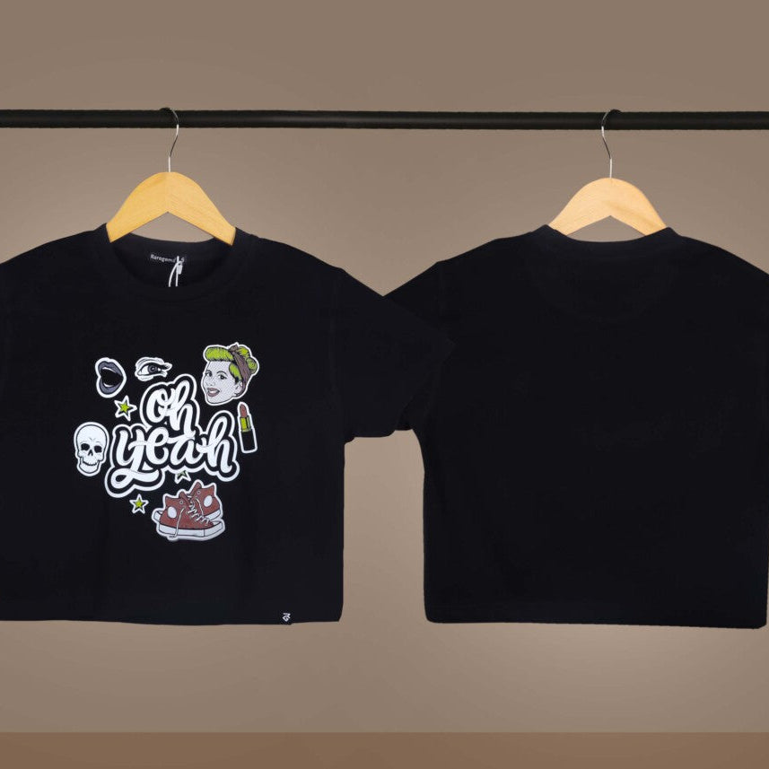 Black Round Neck Half Sleeves Oh Yeah Printed Crop Top