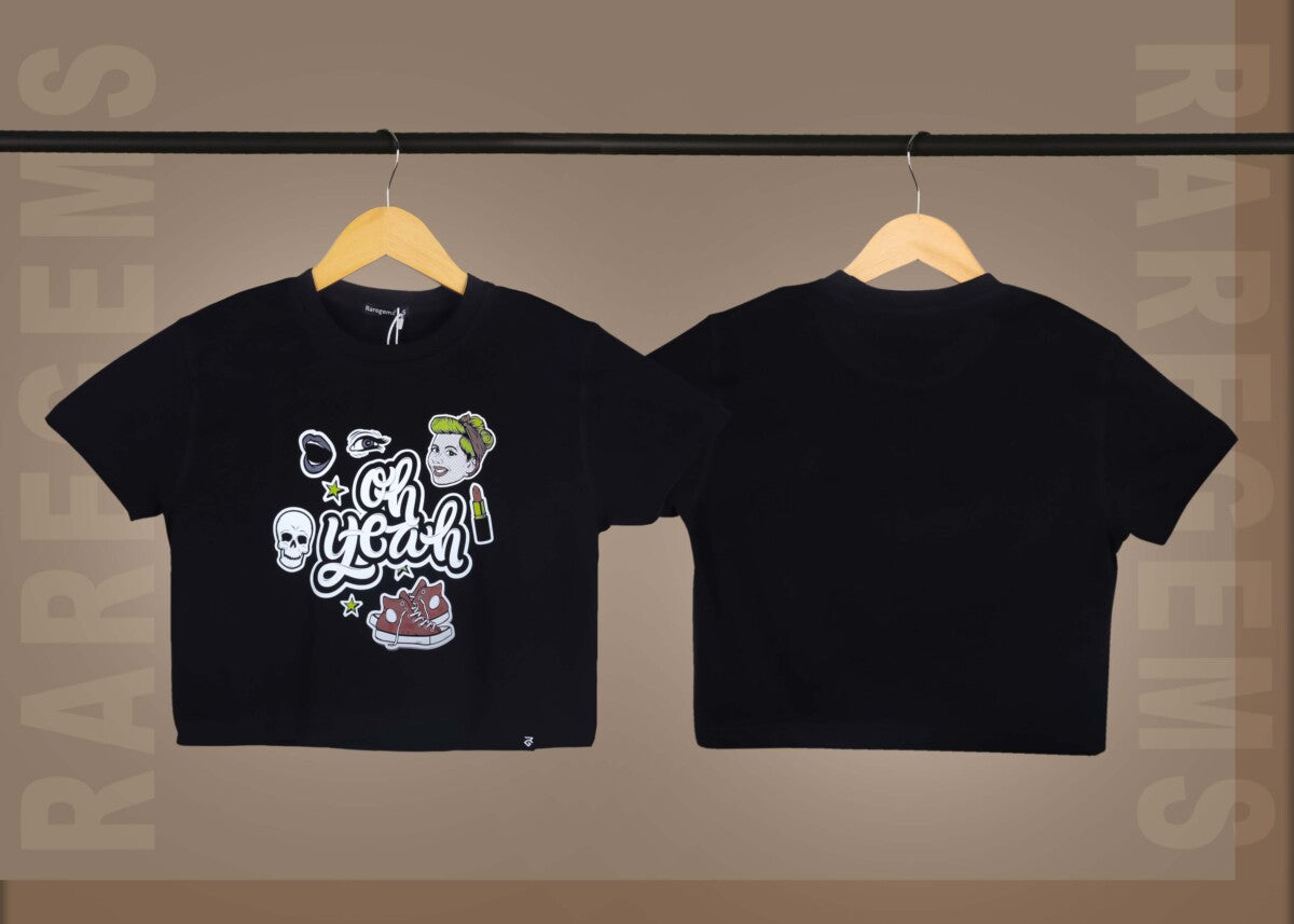 Black Round Neck Half Sleeves Oh Yeah Printed Crop Top