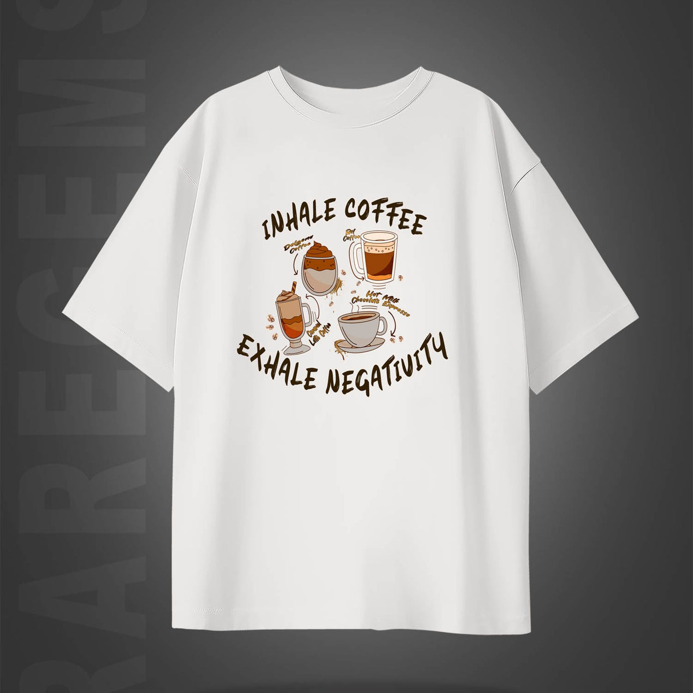 Off White Half Sleeves Inhale Coffee Exhale Negativity Printed Oversized T-Shirt