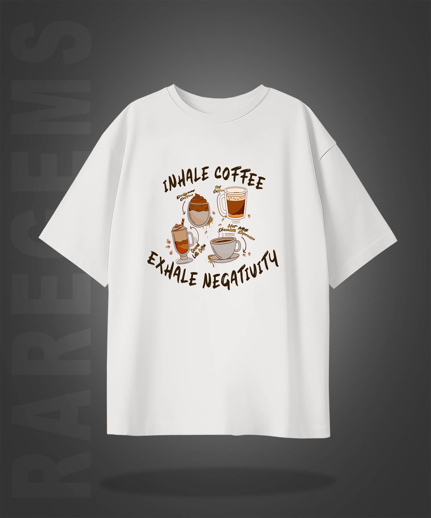 Off White Half Sleeves Inhale Coffee Exhale Negativity Printed Oversized T-Shirt